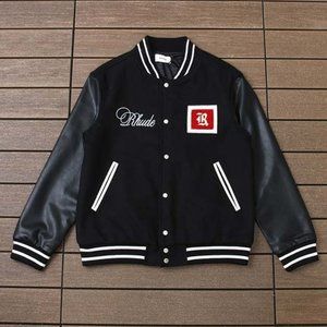 Rhude Black Leather Embroidered Stylish Logo Jackets